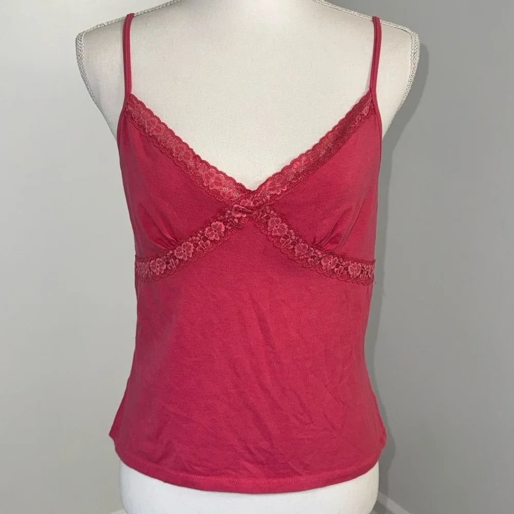 Caribbean Joe Pink Lace Trim Camisole‎ Tank Top Large Y2K Built In Bra